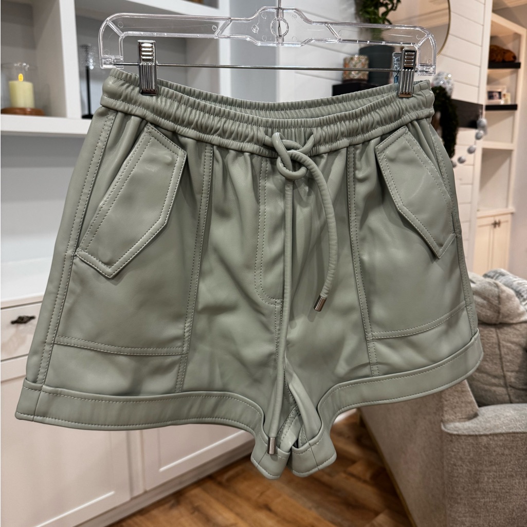 Jonathan Simkhai Sage Green Faux Leather Drawstring Shorts
